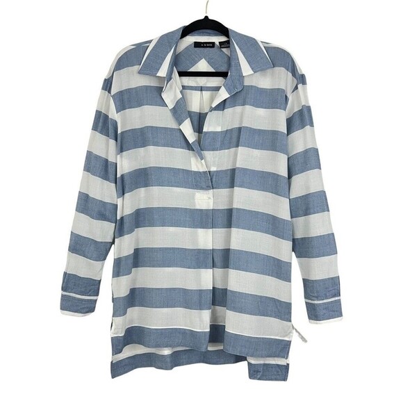 K by Kersh Size Small Blue White Oversized Split Neck Hi-Lo Top Shirt Blouse - Picture 1 of 4